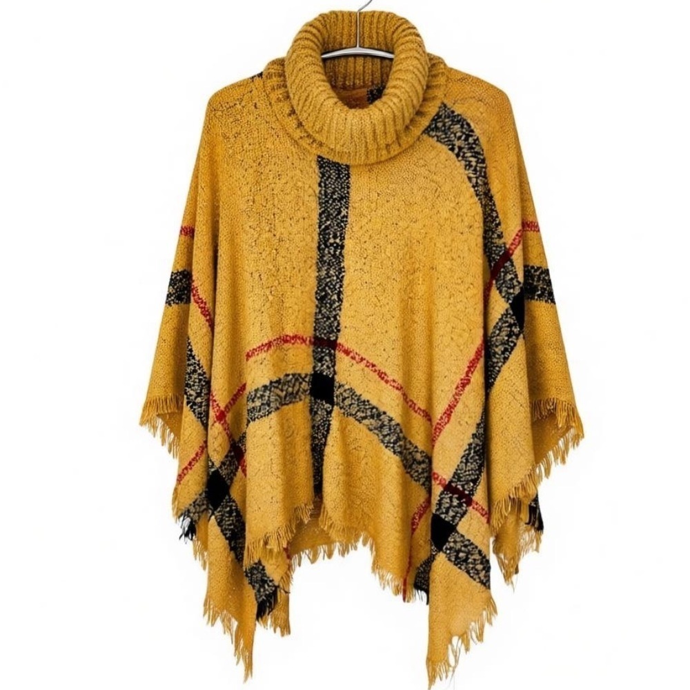 Women’s Poncho Turtleneck in a Mustard Plaid Color Size OS